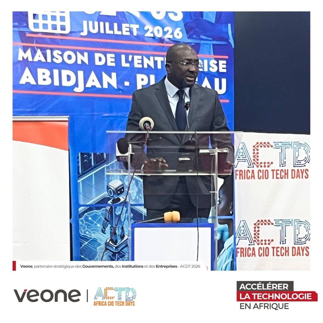 Le Directeur Général de VEONE, Mohamed E. SOUNKERE, s'exprime au podium de l'Africa CIO Tech Days 2026 à la Maison de l'Entreprise, Abidjan-Plateau